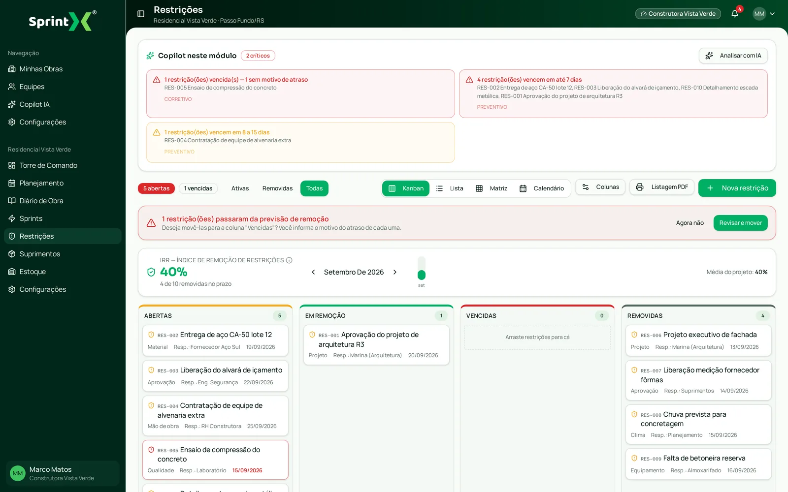 Tela de Restrições no SprintX